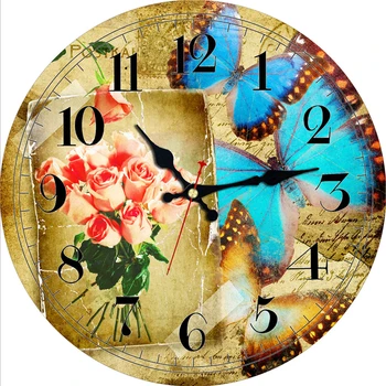 Настенные часы в стиле ретро с цветами-бабочками, Бесшумный Декор для кафе, 16-дюймовые Потертые Винтажные Круглые часы в