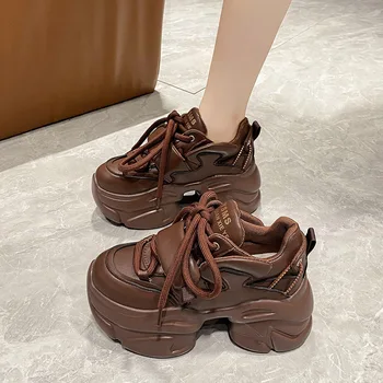 Осенние коричневые кроссовки на платформе, кожаные кроссовки на толстой подошве, женская обувь, увеличивающая рост, модная повседневная обувь на шнуровке