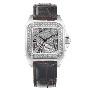 Механические часы женские роскошные трендовые женские часы высокого класса с квадратным кожаным вырезом, усыпанным бриллиантами, квадратный ремешок с бриллиантами light