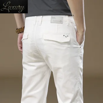 Повседневные осенние брюки для мужчин с большим карманом, из мягкого 97% хлопка, Стрейчевые, облегающие, модные, Корейская мужская одежда, брюки