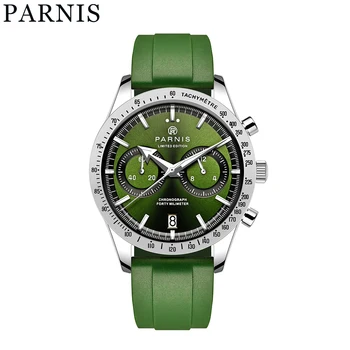 Мужские часы Parnis с кварцевым хронографом 40 мм с зеленым циферблатом, с зеленым каучуковым ремешком, мужские водонепроницаемые роскошные часы reloj hombre Clock