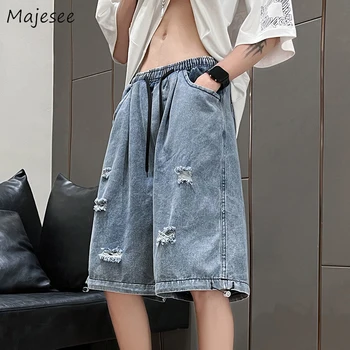 Повседневные шорты M-5XL, мужские Прямые джинсовые брюки, рваные, выстиранные, подростковая Студенческая американская уличная одежда, Летняя одежда с эластичной резинкой на талии