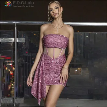 EDGLuLu Розовое платье без бретелек с блестками, Женское элегантное вечернее платье с открытой спиной, с высокой талией, облегающее Мини-сексуальное платье 0804