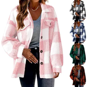 2023 Новые осенне-зимние шерстяные пальто в клетку, женская флисовая куртка, женские карманы, плюшевое пальто на пуговицах