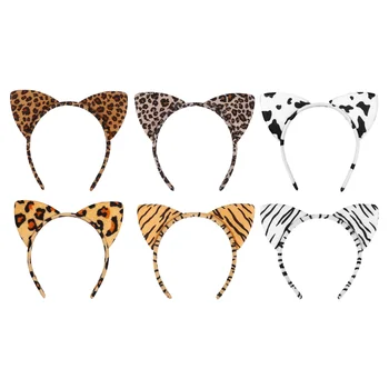 Lurrose 6шт Повязки на голову с кошачьими ушками, плюшевые леопардовые волосы, аксессуар для волос для бального костюма для вечеринки