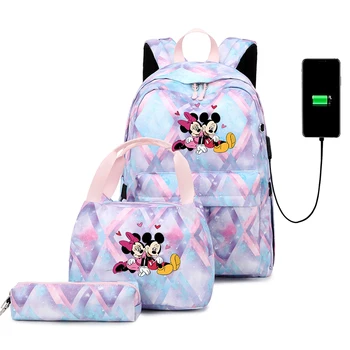 3шт Disney, Микки и Минни, Подростковые Мужские и женские комплекты повседневных рюкзаков для путешествий, Рюкзак для мальчиков и девочек, USB-зарядка, Сумка для книг Mochila