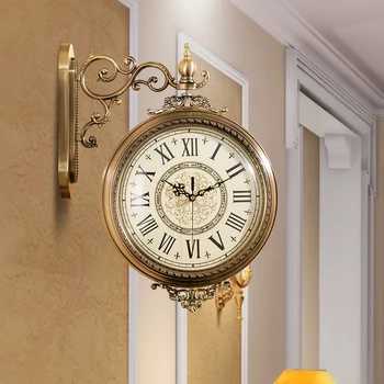 Роскошные европейские двусторонние настенные часы, уникальные китайские часы для гостиной, большие винтажные тихие римские кухонные часы, настенный подарок W6B