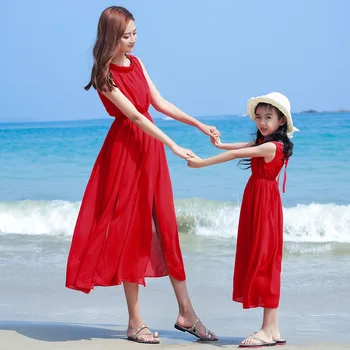 Лето 2023, Красное платье для мамы и дочки для пляжного отдыха, женские платья принцессы, подходящая одежда для мамы и малышки