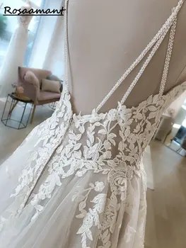 Свадебное платье на бретельках с V-образным вырезом, Трапециевидное платье без рукавов с цветочными аппликациями, кружевные иллюзионные свадебные платья