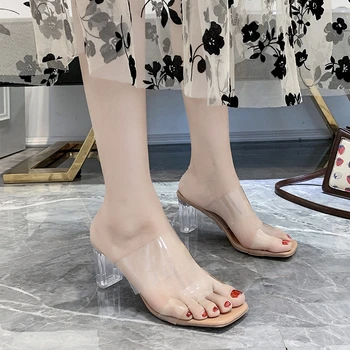 2023New леопардовым принтом летняя прозрачная квадратная головка женщин сандалии толстые каблуки Кристалл Фея стиль Sexy высокие каблуки Женская обувь