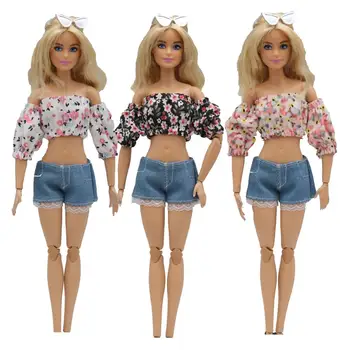 Новые кружевные джинсовые шорты с пышными рукавами и цветочным рисунком длиной 30 см 1/6, Аксессуары для повседневной носки, Одежда для куклы Барби