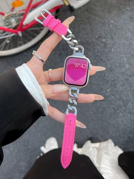 INS Girl Розовый Джинсовый Кожаный ремешок Для Apple Watch 8 7 SE 6 5 4 Милый Ремешок из нержавеющей Стали Для iwatch 41 мм 45 44 49 40 мм Браслет