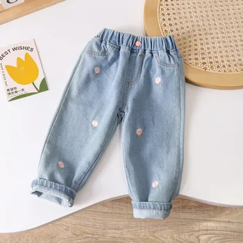 Повседневные однотонные милые джинсы для девочек, брюки для девочек, весенние штаны для маленьких девочек и мальчиков, детские штаны, детские синие джинсовые брюки, брюки для малышей