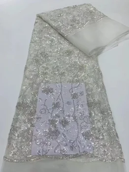 Расшитая бисером белая кружевная ткань для свадебного платья, высококачественная нигерийская тюлевая сетка, материал 2023 хрустальных бусин ручной работы