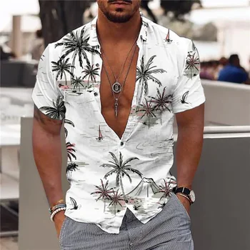 2023 Гавайские рубашки и кокосовая пальма, мужская пляжная РЕТРО-мода 5xl, мужская повседневная однобортная обувь с коротким рукавом
