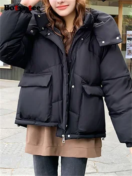 Botvotee Однотонные парки для женщин 2023, осенне-зимние Повседневные пальто с карманами, Модная шляпа с завязками, Съемная куртка с воротником-стойкой