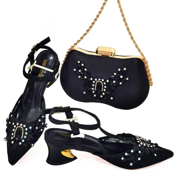 Нигерийские черные женские вечерние сумки на высоком каблуке, набор бабочек, драгоценные камни, Бриллиантовый дизайн, Модные летние сандалии, Свадебная женская обувь, набор сумок