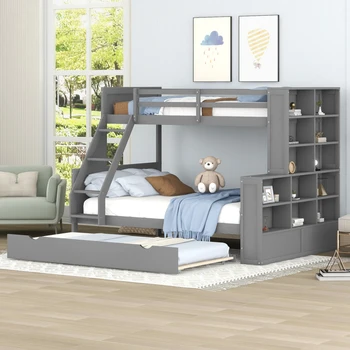 Двухъярусная кровать, двухместная двухъярусная кровать с выдвижным ящиком и полками, может быть разделена на три Отдельные кровати-платформы, прочные и долговечные