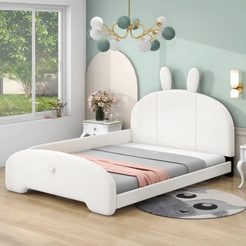 Полноразмерная мягкая кровать на платформе С изголовьем в форме мультяшных ушей, Прочная, легко монтируется для мебели для спальни