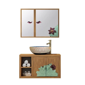 В китайском античном стиле, Шкаф для ванной комнаты из массива дерева, Зеркальный шкаф, Комбинированная ванная комната, Настенный костюм для ванной комнаты