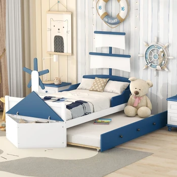 Синяя двуспальная кровать-платформа в форме лодки Twin Size с Выдвижным ящиком Twin size, Двуспальная кровать с Местом для хранения в спальне, для внутренней мебели для спальни