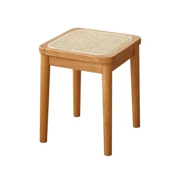 Скандинавские простые стулья из массива дерева, плетеный квадратный табурет из настоящего ротанга, туалетный табурет для домашней гостиной, спальни, роскошный плетеный табурет для макияжа