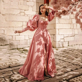 Элегантное персиково-розовое Длинное вечернее платье трапециевидной формы с длинными рукавами в виде сердца, вечернее платье с сексуальным разрезом в пол, халат De Soriee на заказ