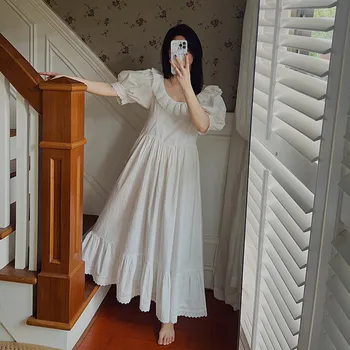 Женская летняя белая ночная рубашка с коротким рукавом, простой круглый вырез, свободное хлопковое домашнее платье, винтажная ночная рубашка принцессы длиной до щиколоток