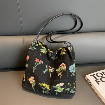 Холщовая женская сумка через плечо с легкой вышивкой Цветами, черная женская сумка-тоут Bolsa Feminina Vintage, Винтажный кошелек-бродяга