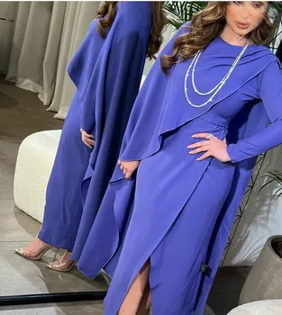 Женские платья для выпускного вечера с длинным рукавом для Musilm, облегающее вечернее платье длиной до щиколоток с разрезом спереди из синего атласа.