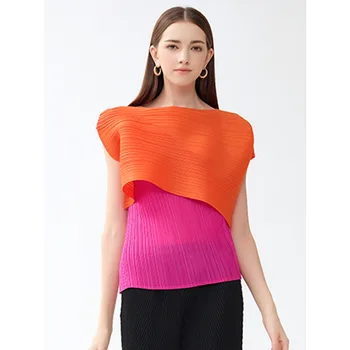 Miyake Плиссированная Осенняя новинка 2023, женская модная рубашка с круглым вырезом, повседневная футболка без рукавов, Корейский укороченный топ