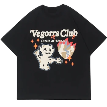 Футболка Оверсайз, мужская футболка в стиле хип-хоп с принтом Демона, Винтажная уличная одежда 90-х, аниме Harajuku, модный топ с коротким рукавом, готическая одежда