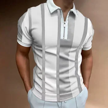 Летние мужские рубашки поло, модная полосатая рубашка поло с 3D-печатью, мужская официальная толстовка на молнии Оверсайз с коротким рукавом и отворотом, Пулло