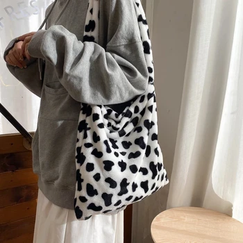 Модная женская сумка-тоут с рисунком коровы, повседневная женская сумка-хобо большой вместимости, простая зимняя плюшевая сумка для покупок