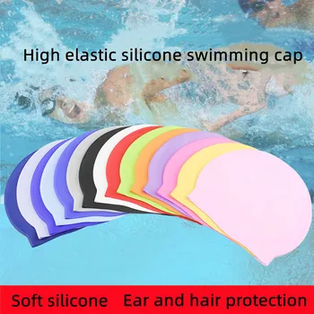 Женщины Мужчины Водонепроницаемый Высокоэластичный Гибкий силикон Защищает уши Волосы, Плавательные шапочки для бассейна, шляпа для взрослых, детей, девочек, мальчиков