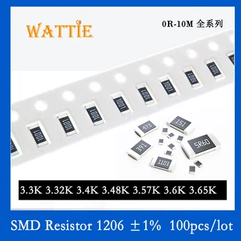 SMD резистор 1206 1% 3.3K 3.32K 3.4K 3.48K 3.57K 3.6K 3.65K 100 шт./лот микросхемные резисторы 1/4 Вт 3.2 мм * 1.6 мм