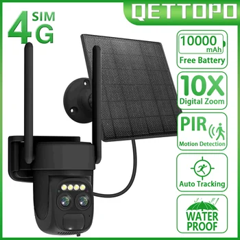 Qettopo 4K 8MP 4G PTZ Двухобъективная WIFI Солнечная Камера Батарея PIR Отслеживание Человека Наружная Безопасность CCTV IP-Камера Наблюдения