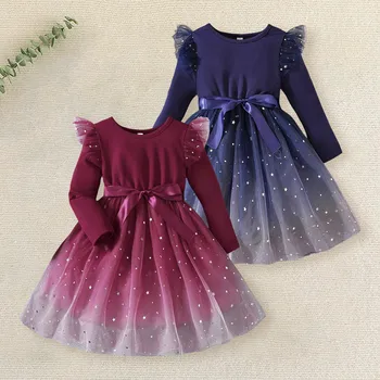 Платье из тюля с градиентом для маленьких девочек, сетчатое платье принцессы с длинным рукавом и блестками, праздничное платье для вечеринки, осенняя детская одежда