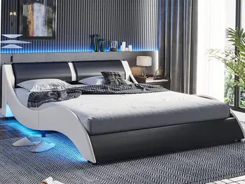 Каркас кровати-платформы с мягкой обивкой Queen-Size со светодиодной подсветкой, искусственная кожа, черный + белый
