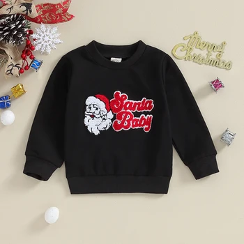 Рождественские свитшоты для девочек, винтажные пуловеры с круглым вырезом и длинными рукавами с нечеткими буквами, топы, детская рубашка свободного кроя