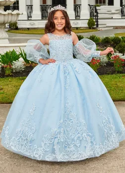 Небесно-голубые мини-платья Quinceanera, бальное платье с объемными тюлевыми аппликациями, платья для девочек-цветочниц для свадеб, Мексиканские праздничные платья для малышей