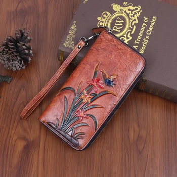 Женский кошелек из натуральной кожи, длинный клатч, удобная сумка с принтом бабочки и цветка, женская карта, ретро кошелек с зажимами для денег