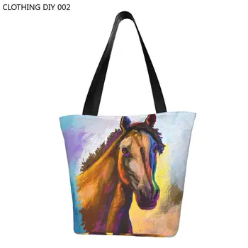 Сумка для покупок с продуктами для лошадей, изготовленная на заказ Холщовая сумка для покупок с принтом, большая вместительная Прочная сумка с абстрактным искусством животных