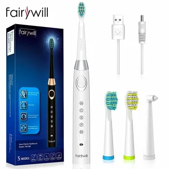 Звуковая электрическая зубная щетка Fairywill FW-508, перезаряжаемая щетка с таймером, 5 режимов быстрой зарядки, зубная щетка с 4 насадками для взрослых